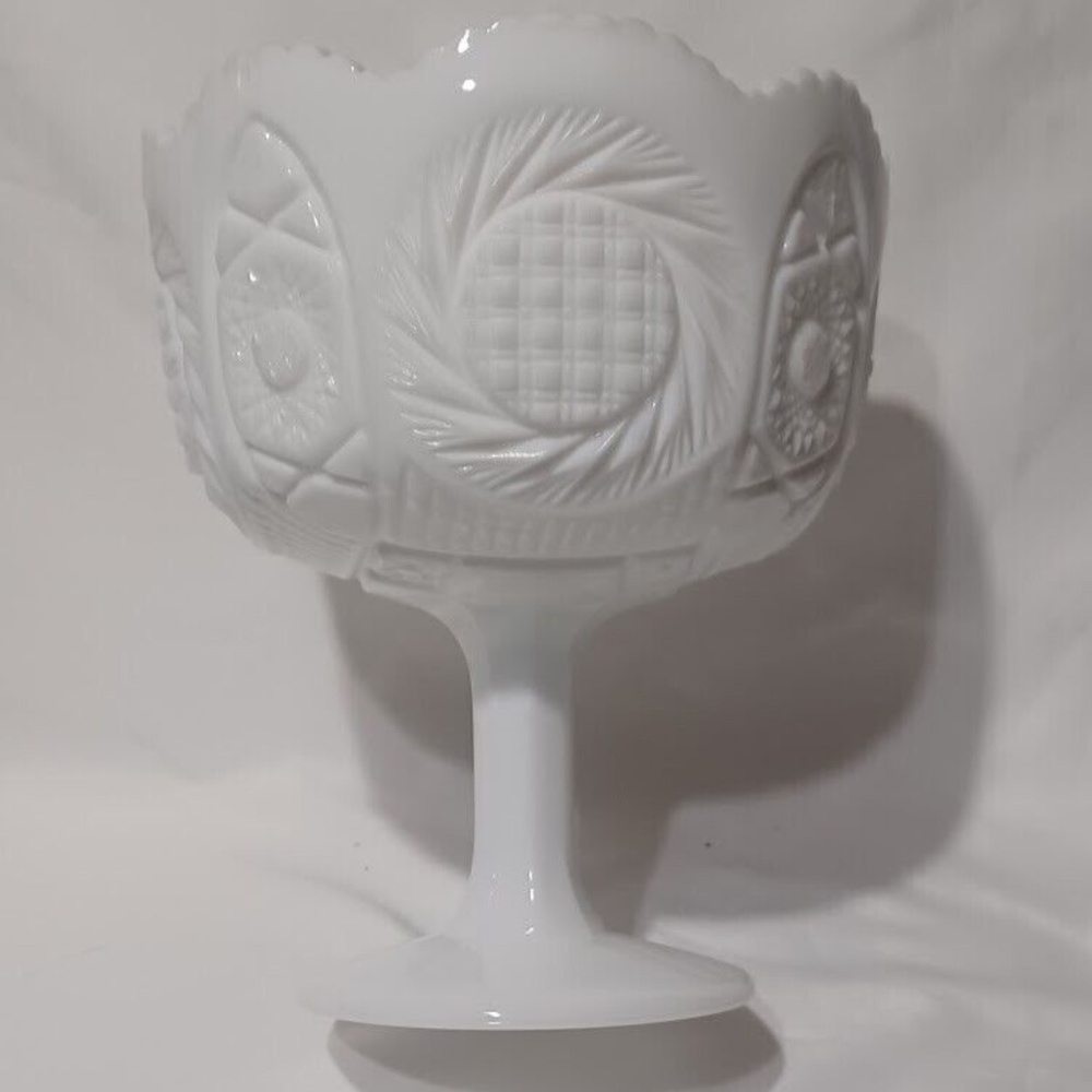 Heavy Tall White Milk Glass Footed Compote Pedestal Bowl Sunburst Sawtooth